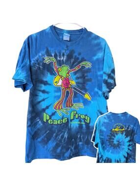 Peace Frog Shirt Medium M Blue Tie Dye Little Miami Brewing IPA Beer Tee 20.5x27
